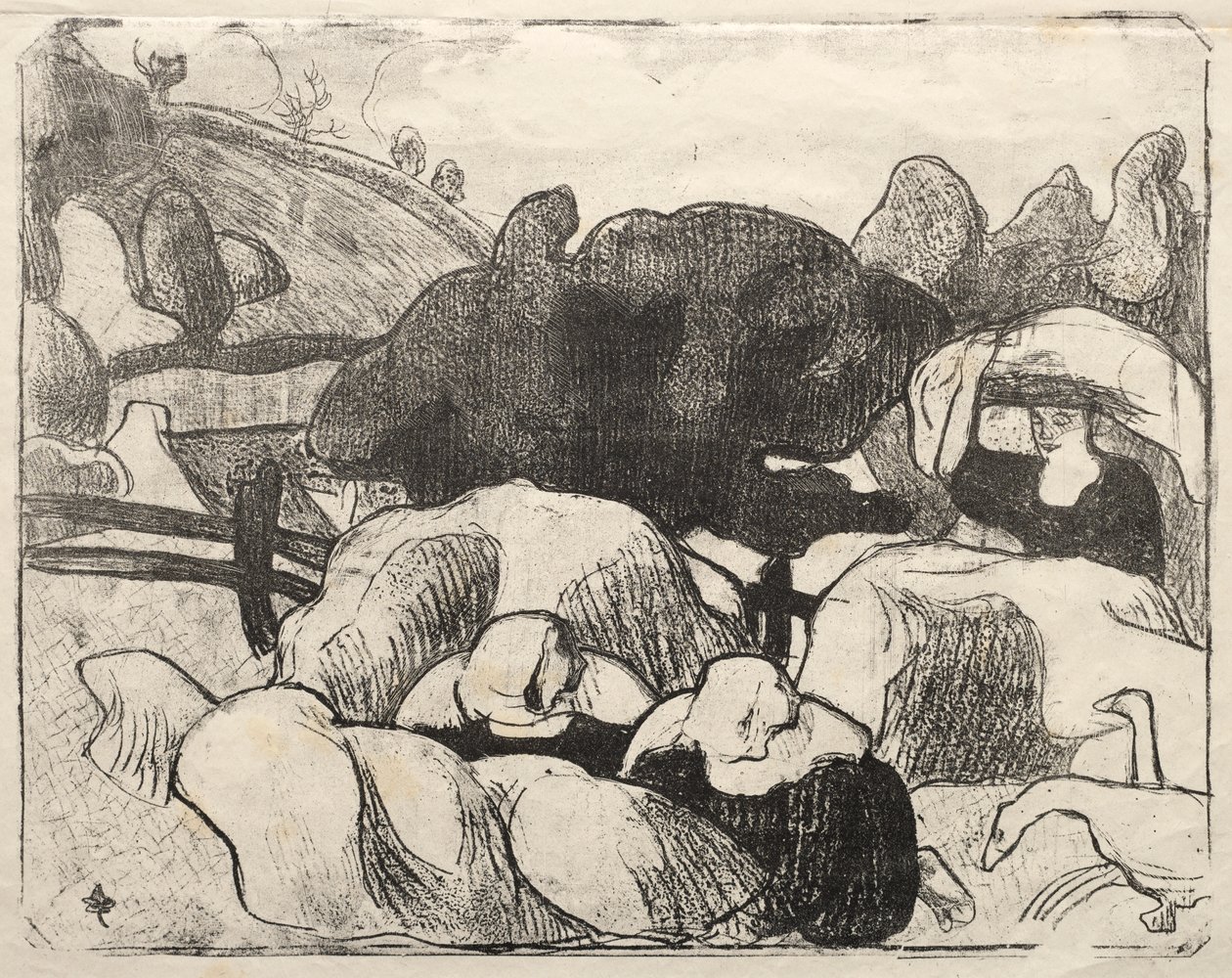 Les Bretonneries: Bretonse Vrouwen die Hooibergen Maken (Bretonnes Faisant les Foins) door Emile Bernard