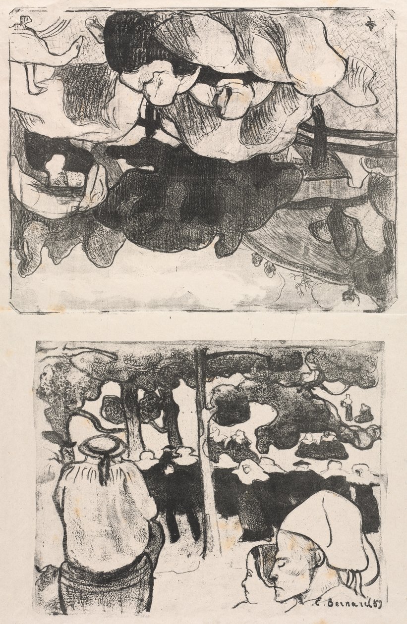 Les Bretonneries: Bretonse Vrouwen die Hooibergen Maken (Bretonnes Faisant les Foins) en Huwelijk in Bretagne (La Noce en Bretange) door Emile Bernard