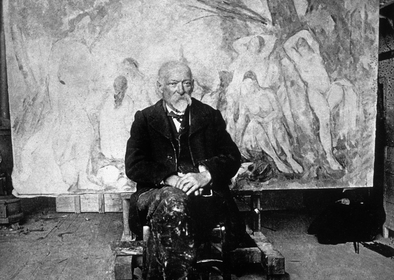 Paul Cezanne (1839-1906) Franse schilder in 1904 voor een van zijn doeken met zwemmers (zwart-wit foto) door Emile Bernard