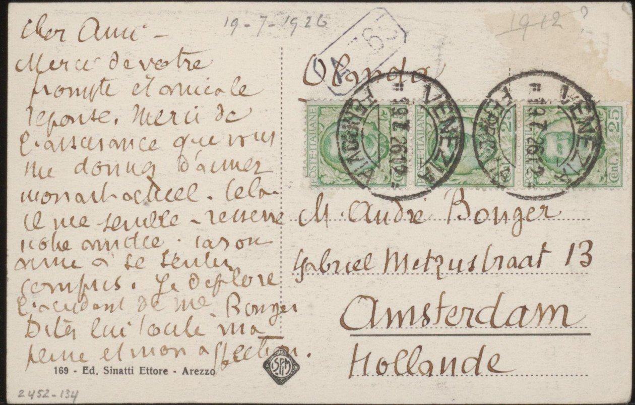 Prentbriefkaart aan Andries Bonger door Emile Bernard