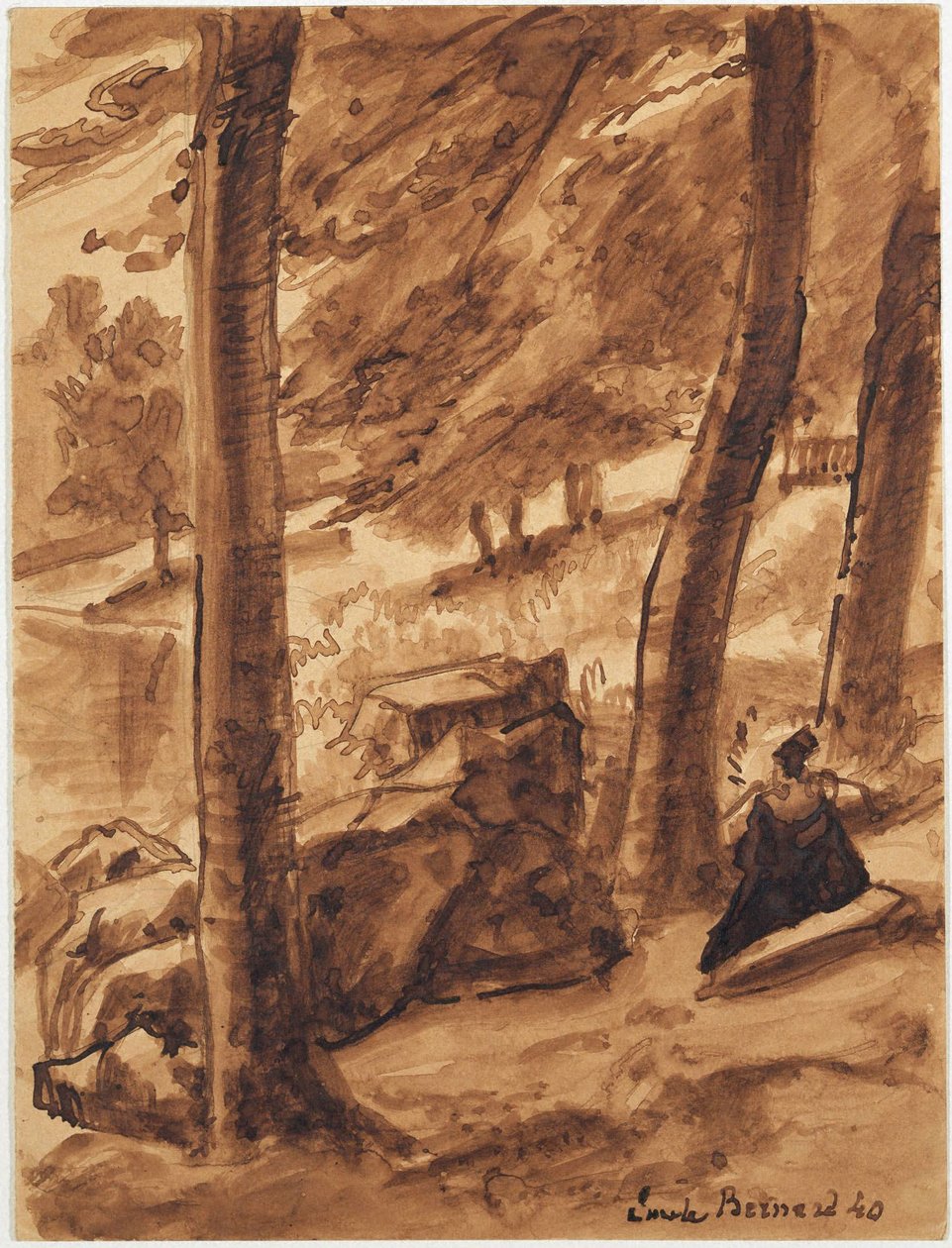 Boslandschap met figuur door Emile Bernard