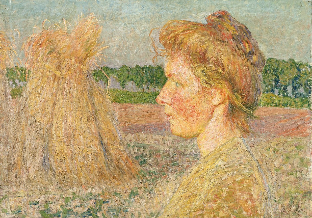 Vrouwenprofiel en korenschoven door Emile Claus