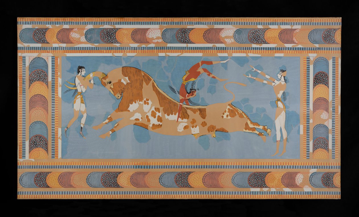Schilderij van het gerestaureerde Taureador-fresco uit het Paleis van Minos in Knossos (Evans Fresco Tekening N/4) door Emile Gilliéron