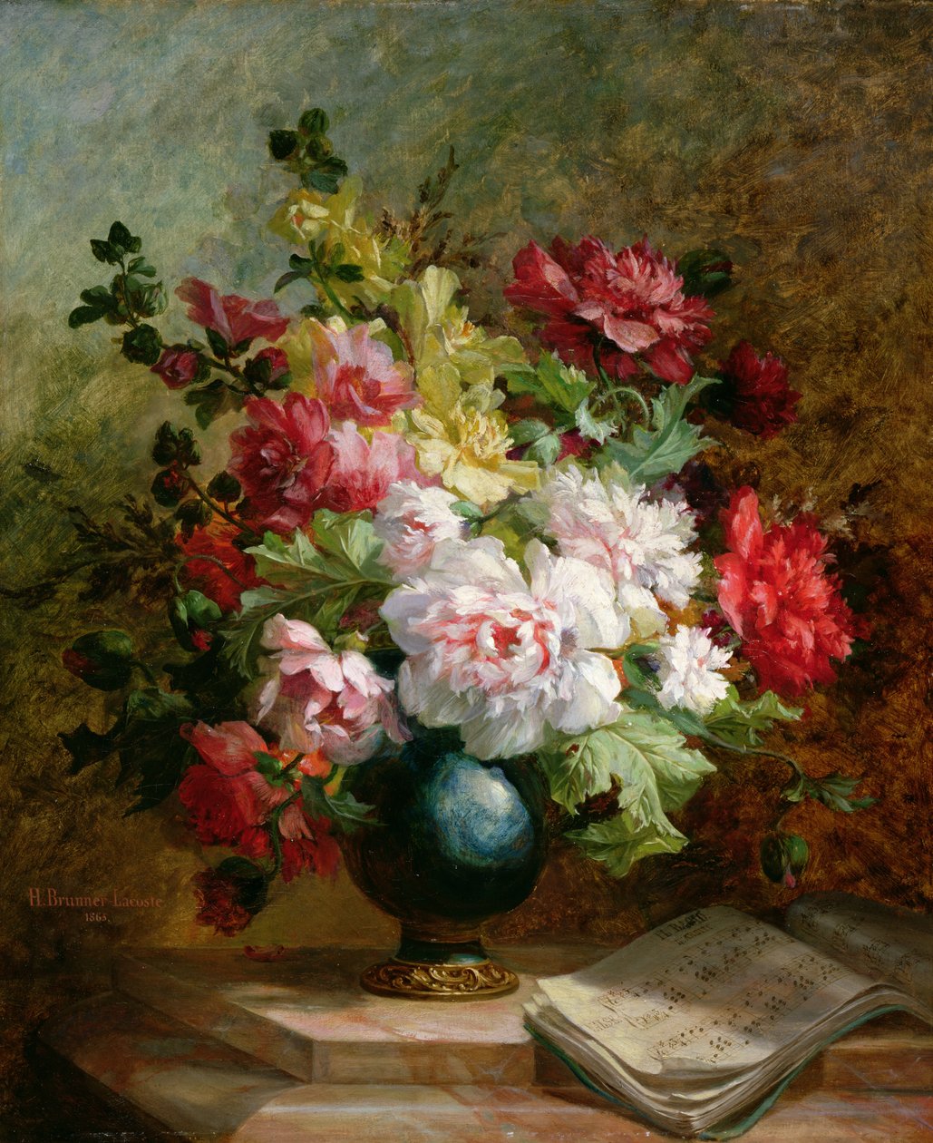Stilleven met bloemen en bladmuziek door Emile Henri Brunner Lacoste