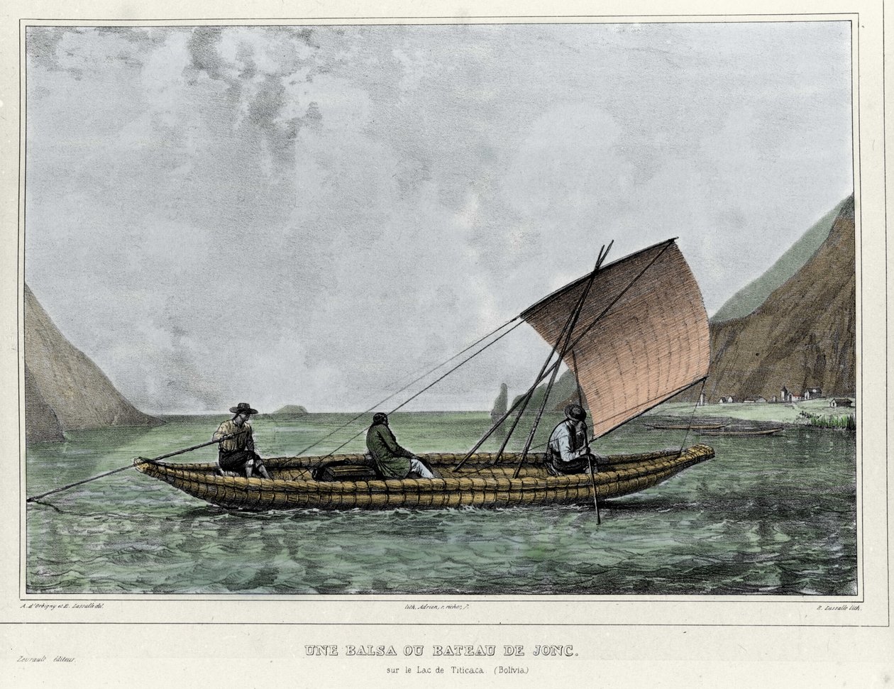 Een Balsa of een vlot op het Titicacameer (Bolivia). Lithografie door Emile Lassalle (1813-1871) - in “Voyage dans l