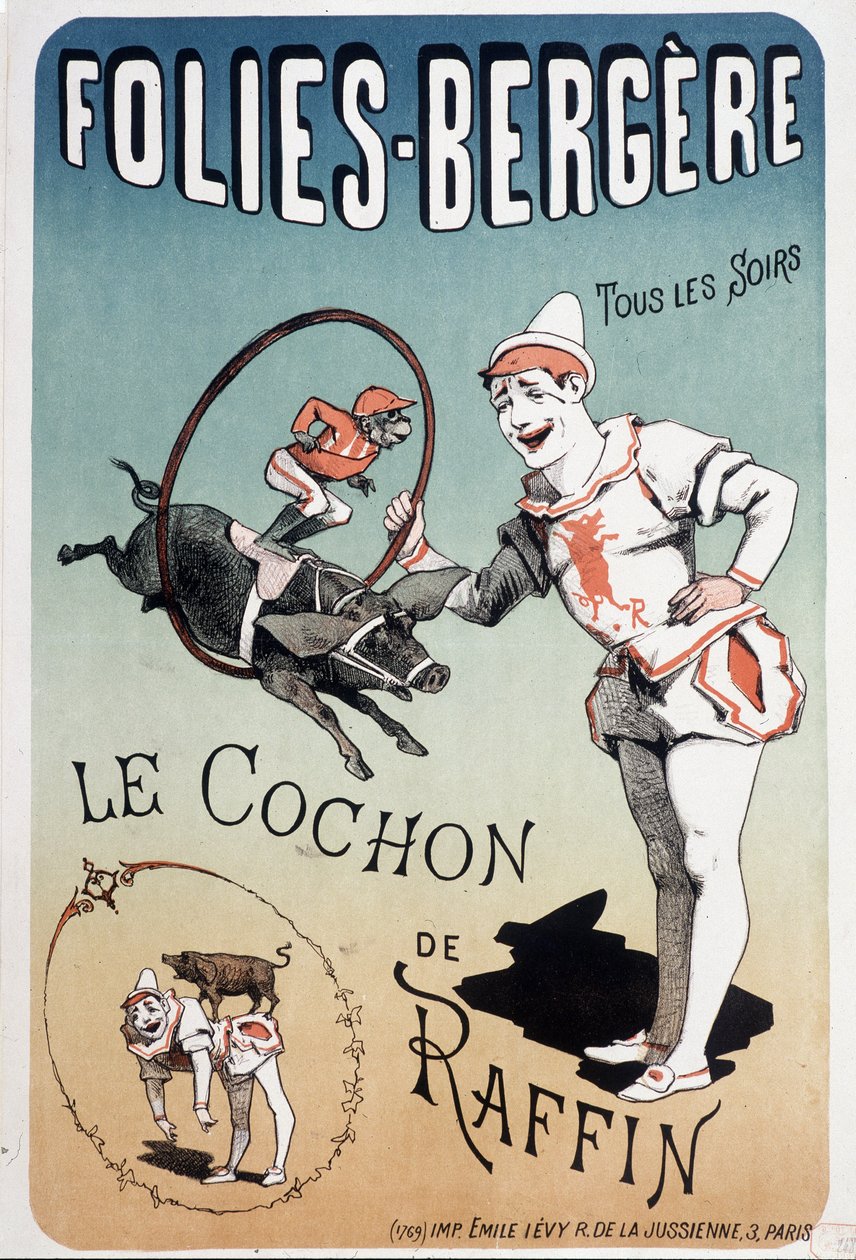 Show: het varken van Raffin, bij de Folies-Bergère - Poster door Lévy, eind 19e eeuw door Emile Levy