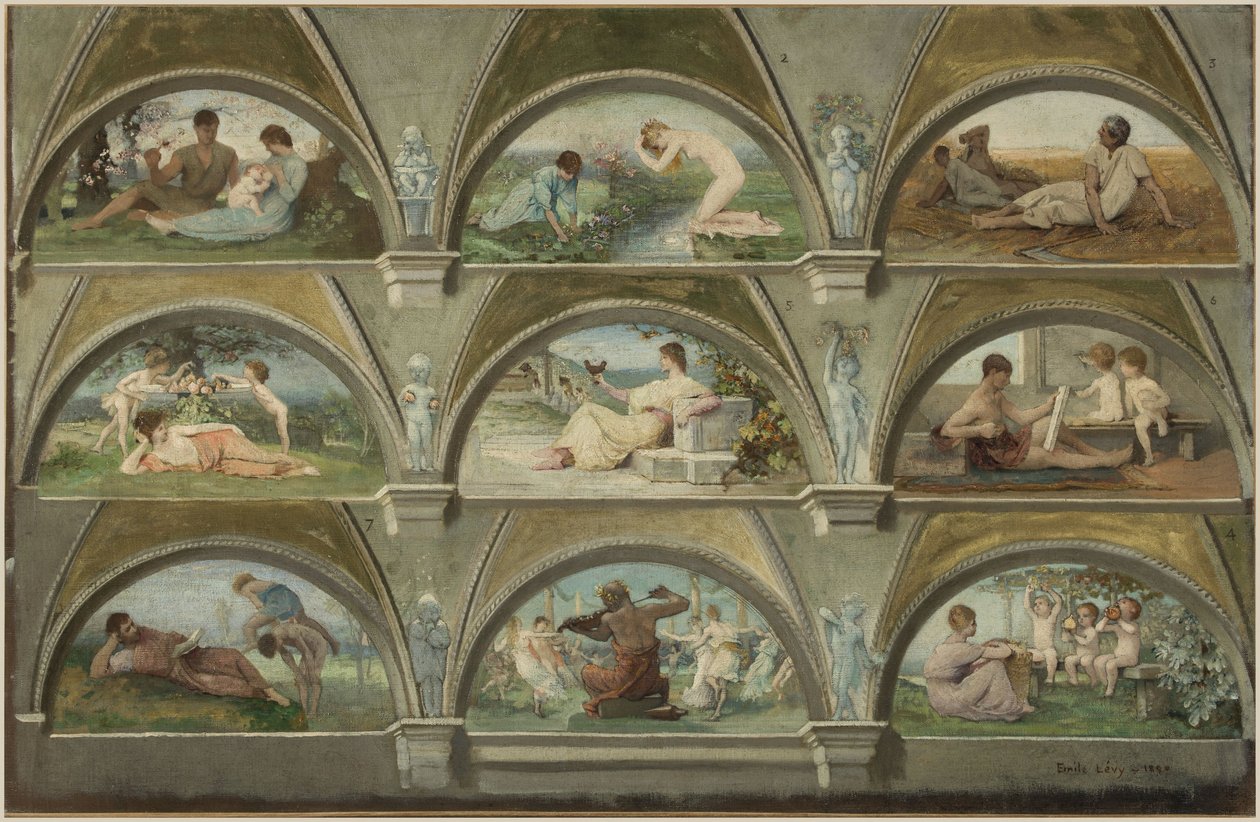 Schets voor de salon des cariatides in het Hôtel de Ville in Parijs: Allegorische scènes uit het dagelijks leven (voussures) door Emile Levy