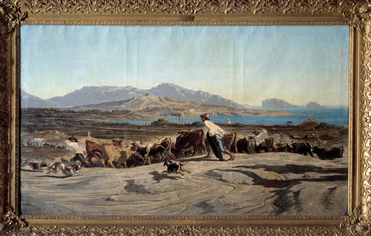 Zicht op Marseille vanaf de Aygalades, een dagwandeling. Op de voorgrond jonge herders met de kudde. 1853 door Emile Loubon
