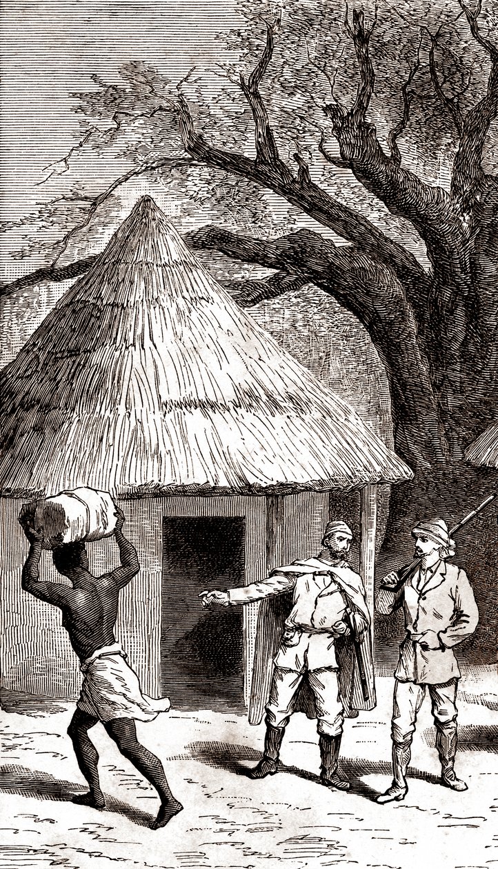 Ontdekkingsreizigers en dragers voor een Afrikaanse hut,1887 (ets) door Emile Mas