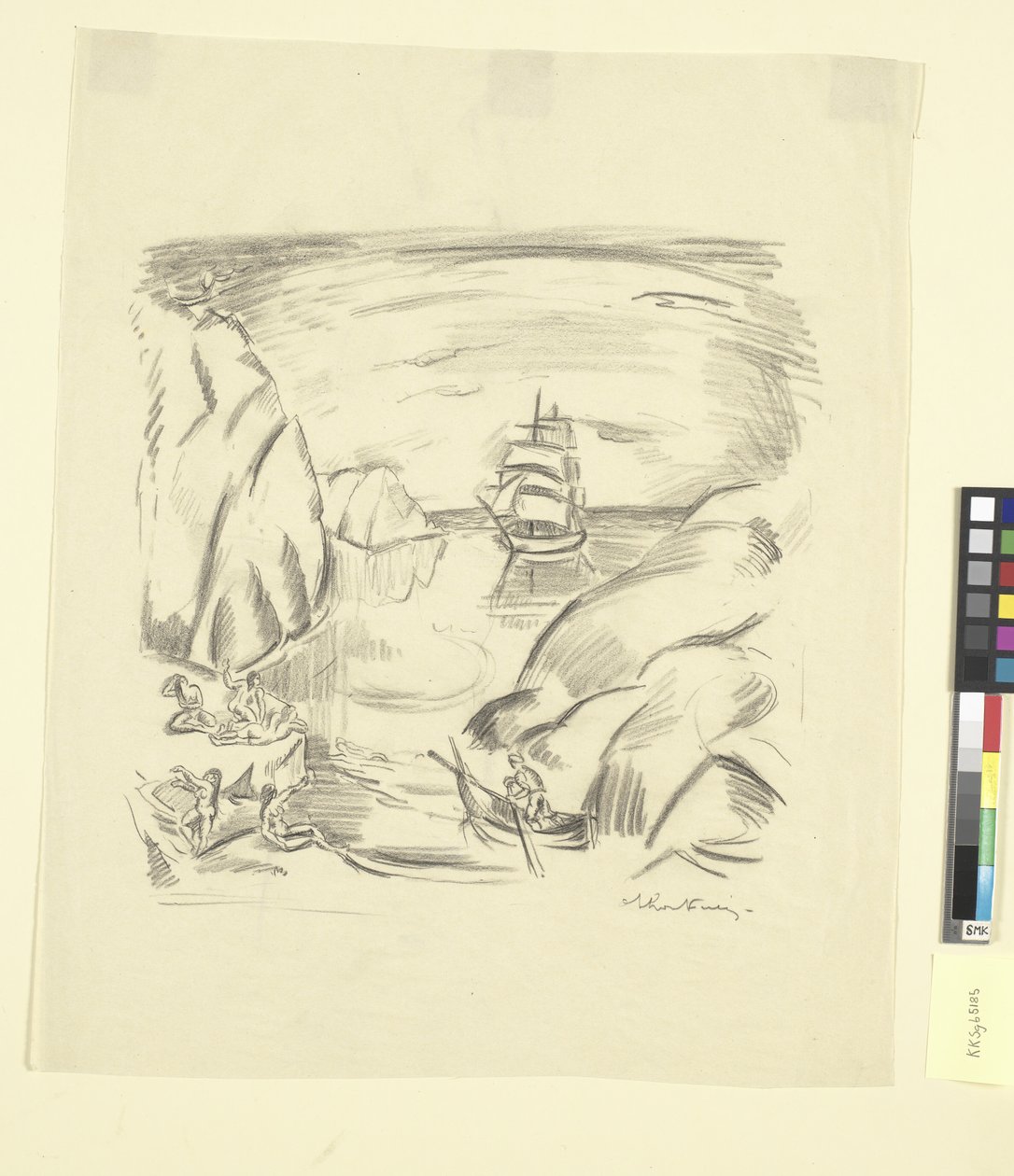 Een baai met zeilschip en badende vrouwen door Emile Othon Friesz