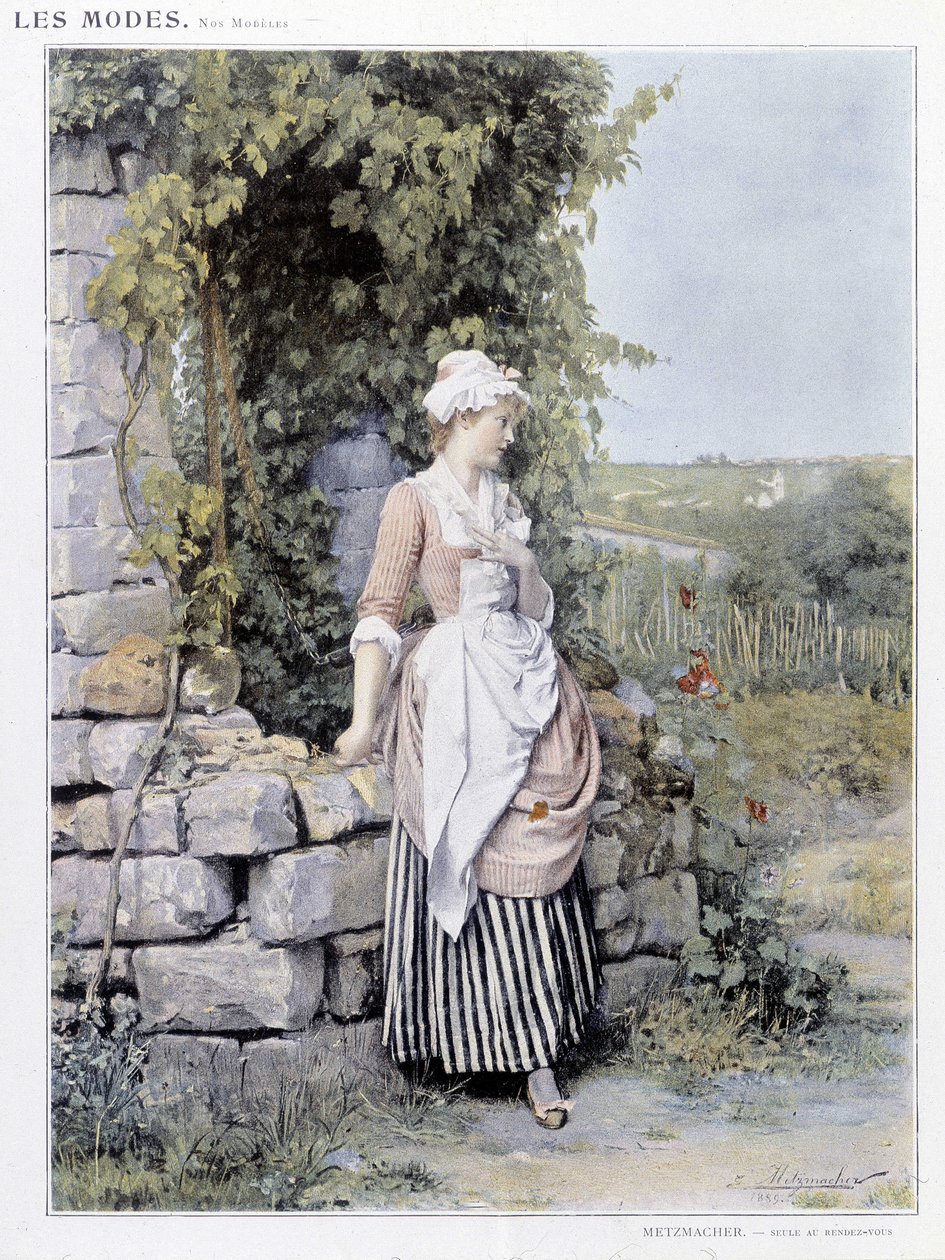 Alleenstaande vrouw wachtend op haar afspraak (Rendez-vous) - ill. van Metzmacher, ca. 1900 door Emile Pierre Metzmacher