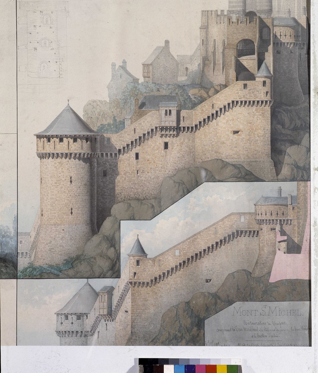 Uitzicht op de machicoulis tussen de Noordtoren en de Claudinetoren van Mont Saint Michel door Emile Sagot