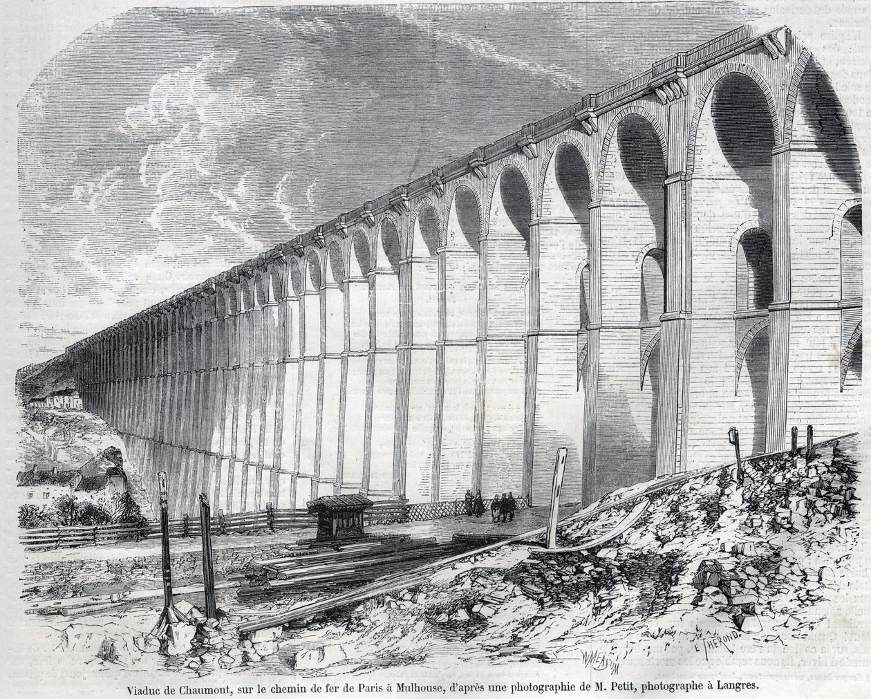 Chaumont Viaduct op de spoorlijn van Parijs naar Mulhouse. Gravure naar schets van Ralph in 