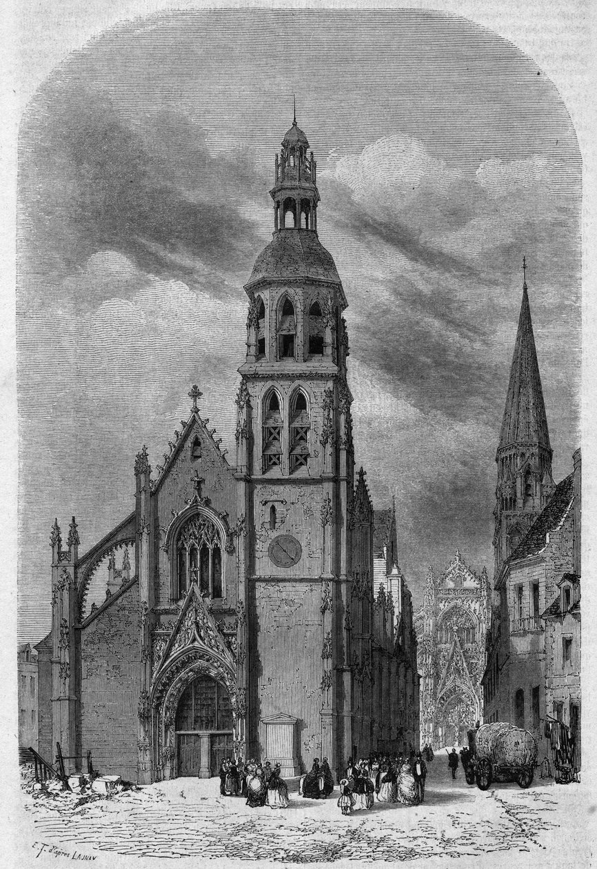 Buitenaanzicht van de kerk van Saint Martin (15e-16e eeuw) van Vendôme, Loir-et-Cher (41), voor de sloop in 1857. Gravure door Therond in 