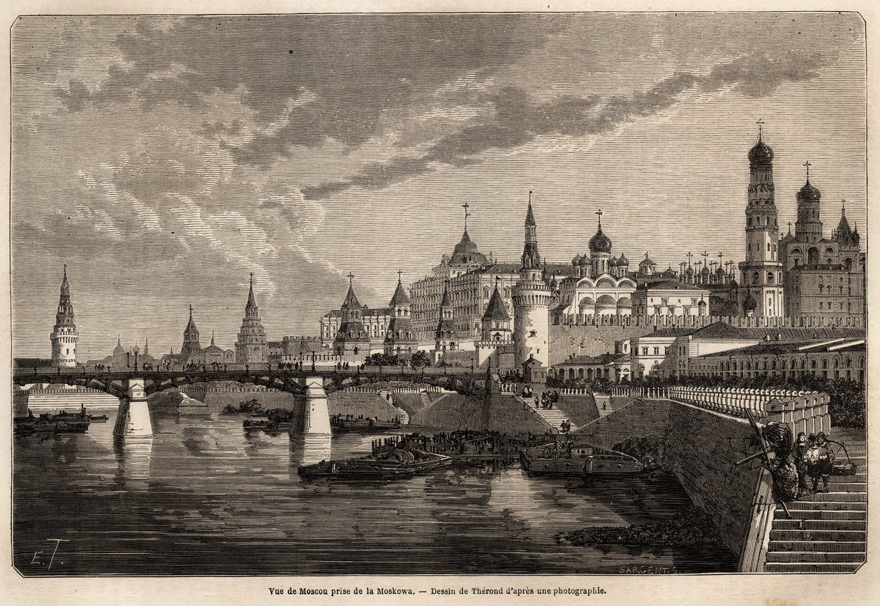 Algemeen overzicht van Moskou, genomen vanaf de Moskowa. Illustratie van de reis van Shanghai naar Moskou, van 1859 tot 1862, van M. de Bourboulon, minister van Frankrijk in China. Gravure in 