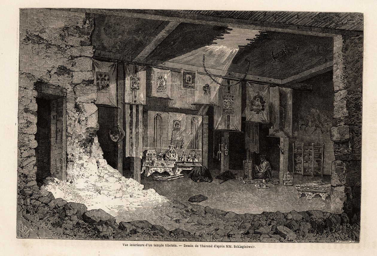 Interne weergave van een Tibetaans tempel, tekening door Therond, ter illustratie van het overzicht van het geografische jaar 1862, door Vivien de Saint Martin. Gravure in 