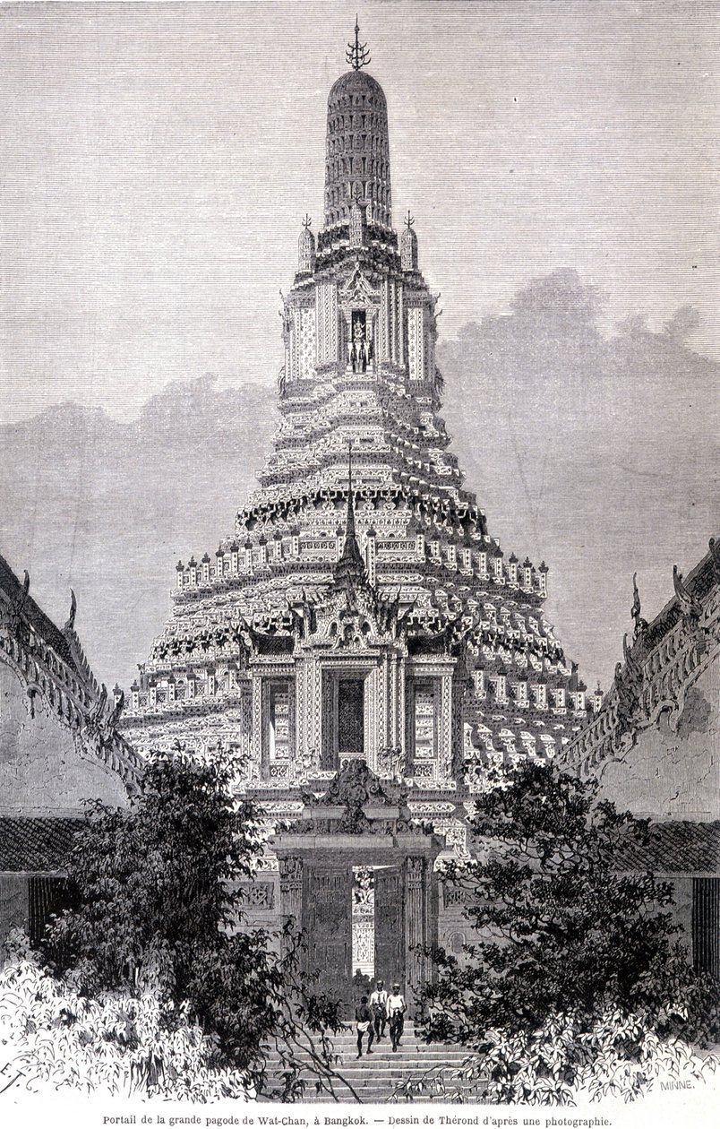 Portaal van de Grote Wat-Chan Pagode, Bangkok. Tekening door Thérond door Emile Theodore Therond