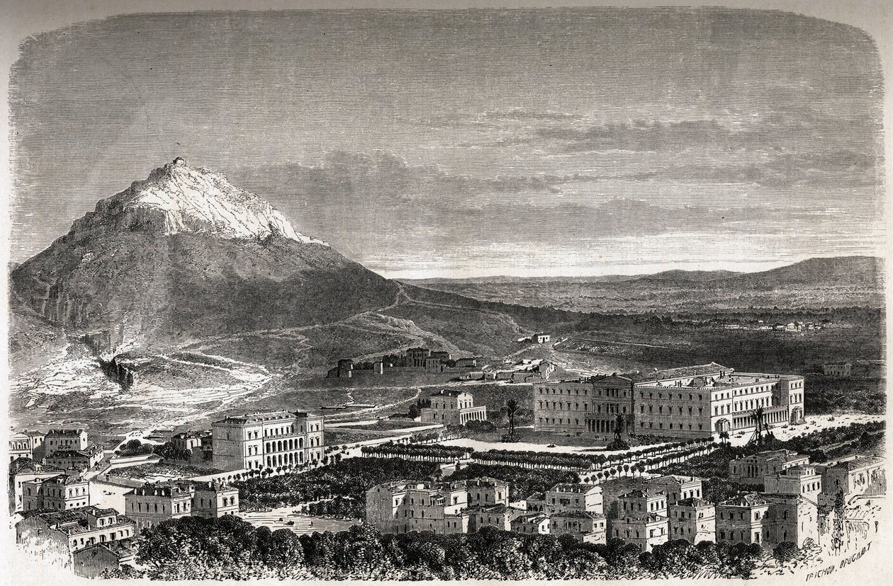 Uitzicht op Athene, Griekenland, tekening door Therond, ter illustratie van het verhaal van M.A. Proust, een winter in Athene door Emile Theodore Therond