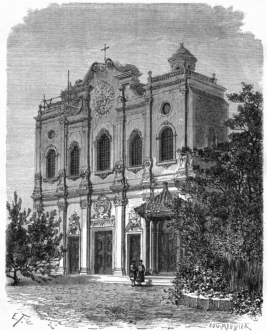 Uitzicht op de gevel van de kathedraal van Nantang, gebouwd op de plaats van het huis van Matteo Ricci (1552-1610), vader van het katholicisme in China. Gravure naar een tekening van Therond, in 