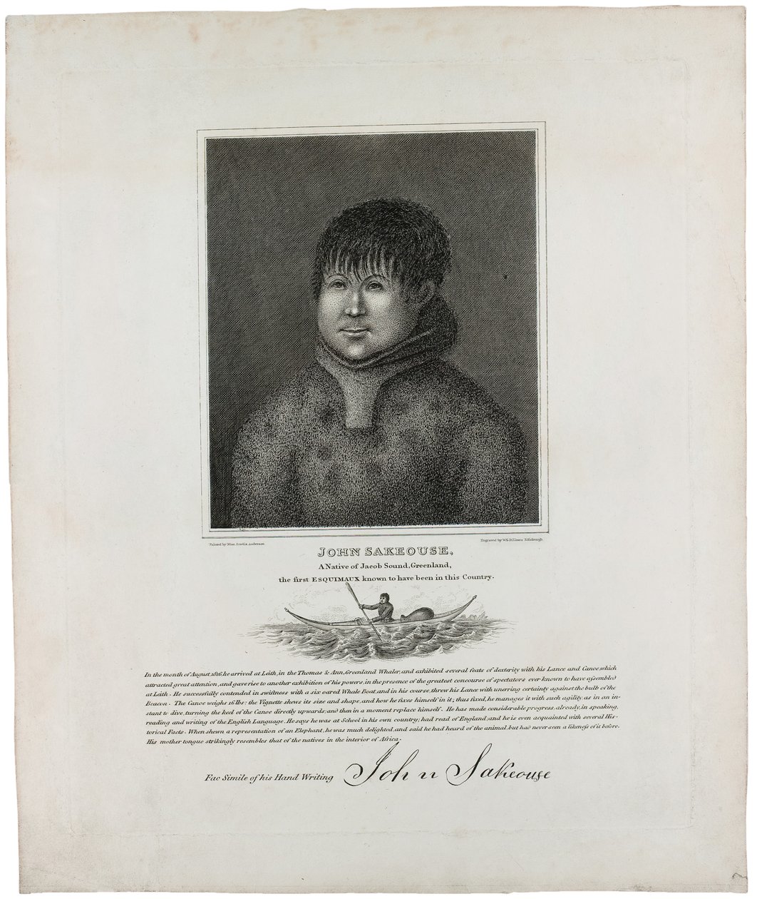 John Sakeouse, een inwoner van Jacob Sound, Groenland, de eerste Eskimo die in dit land bekend was, 1816 door Emilia Anderson