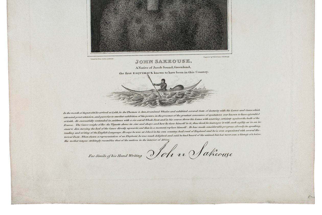 John Sakeouse, een inwoner van Jacob Sound, Groenland, de eerste Eskimo die bekend is dat hij in dit land was, 1816 door Emilia Anderson