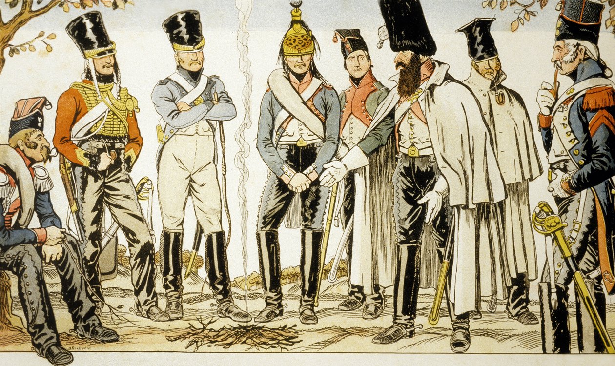 Franse Leger 1810 van links naar rechts paard-leger lansier Huzaren-ruiter Dutrain Draak door Emmanuel Poire Caran D