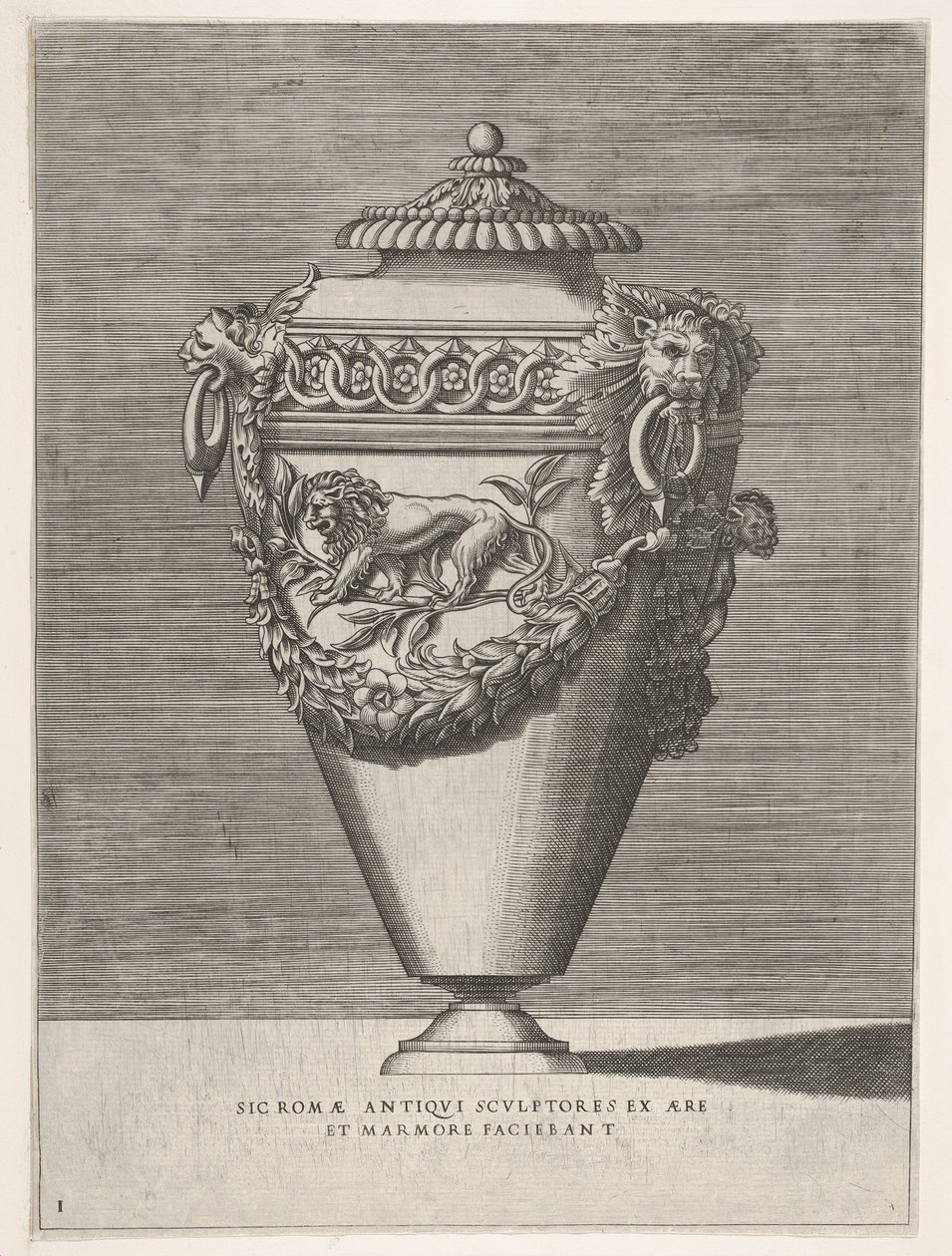 Antieke urn met deksel versierd met een motief van diamanten ringen en leeuwen, uit Vazen ..., 1543 of later door Enea Vico