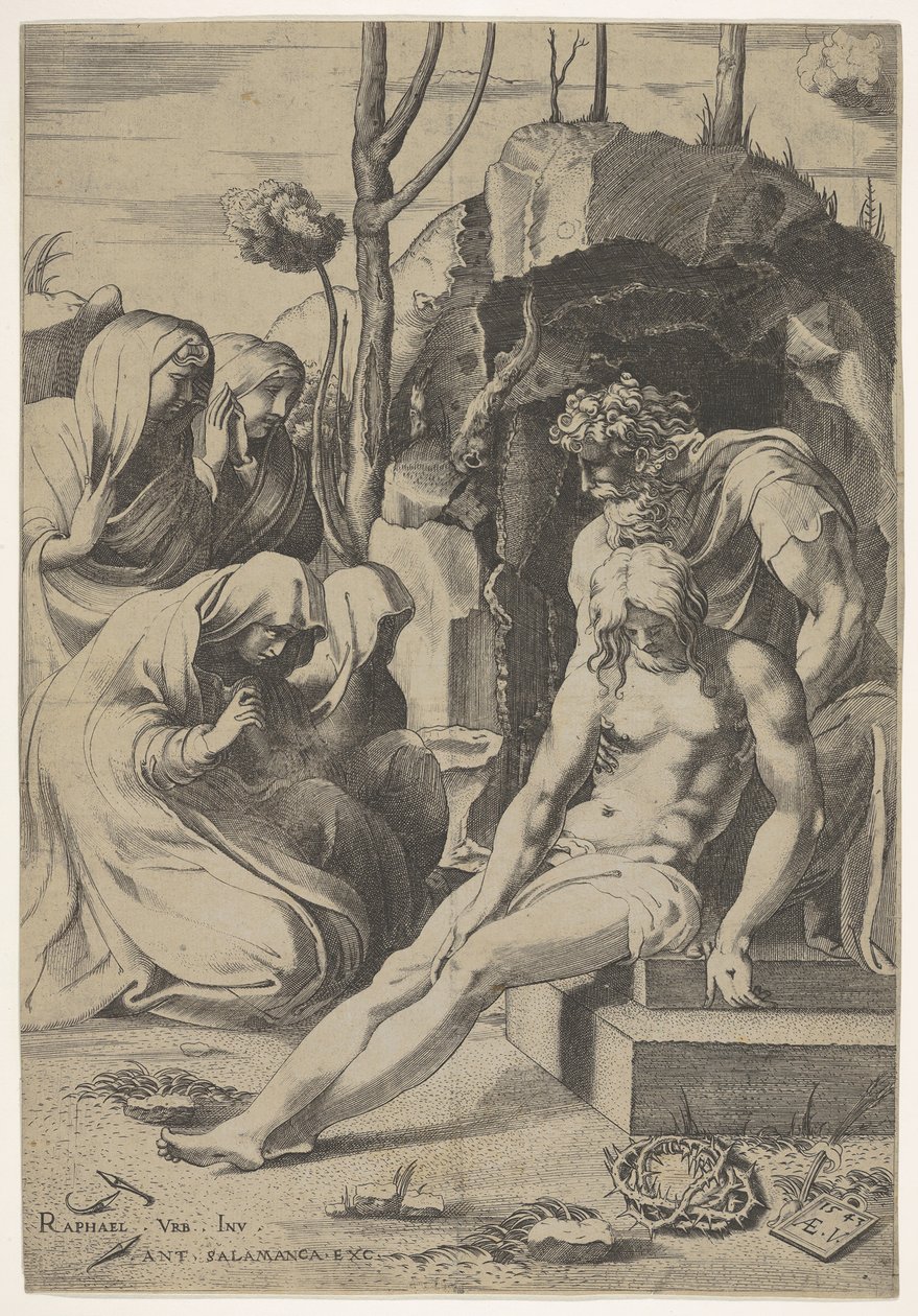 Graflegging van Christus, wiens borst wordt vastgegrepen door Jozef van Arimathea, met twee knielende, 1543 door Enea Vico
