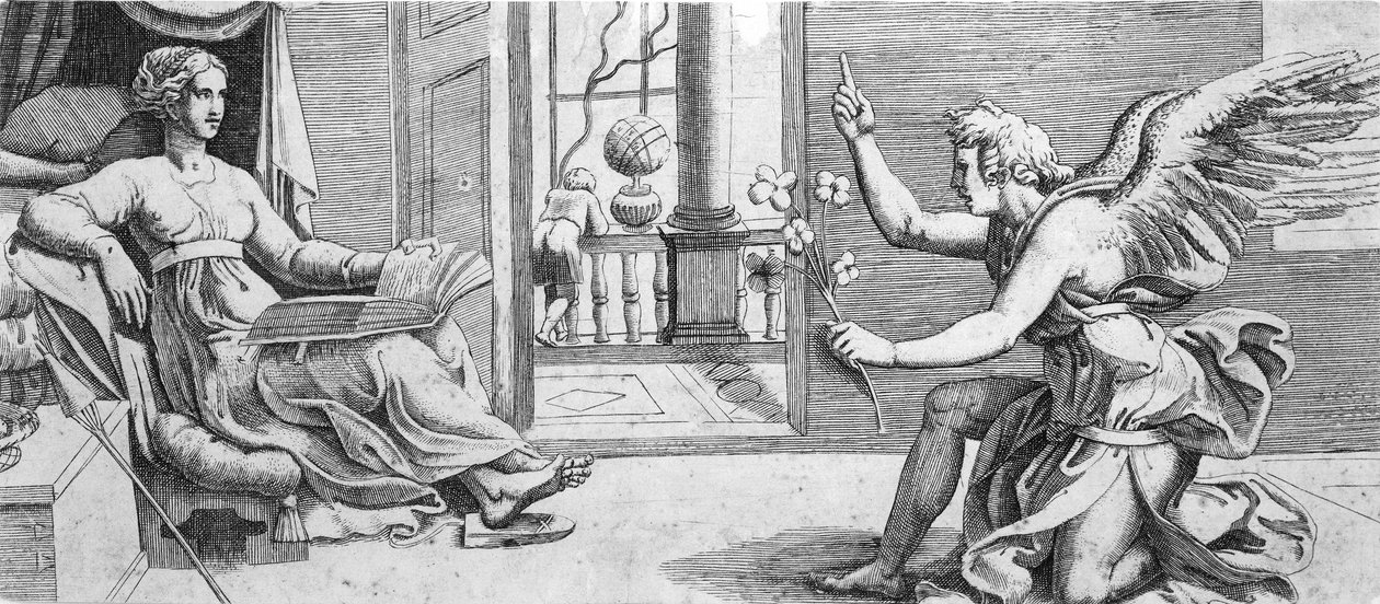 De annunciatie met knielende engel, ca. 1540-41 door Enea Vico.