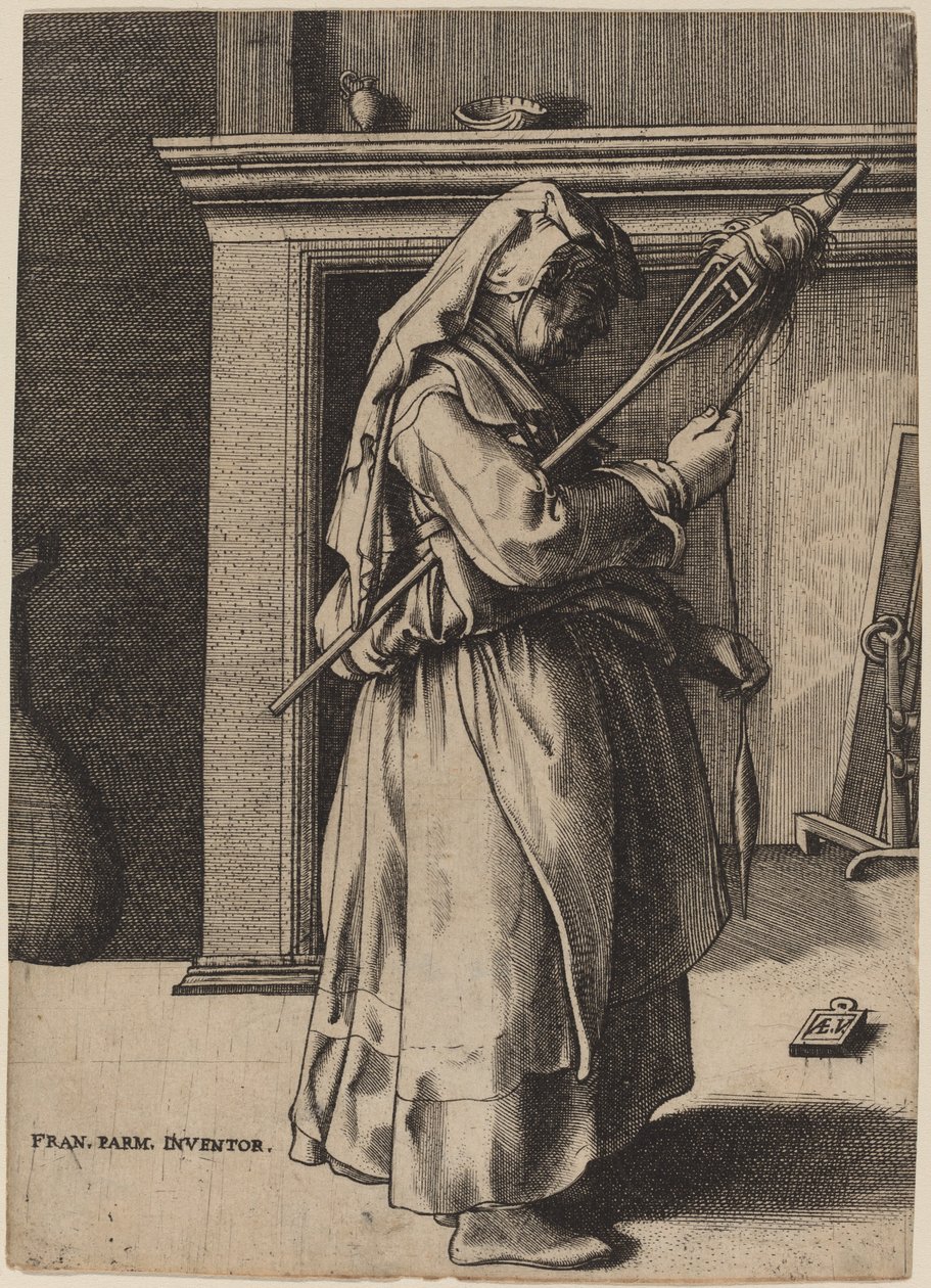 Oude Vrouw met een Spinrok door Enea Vico after Parmigianino