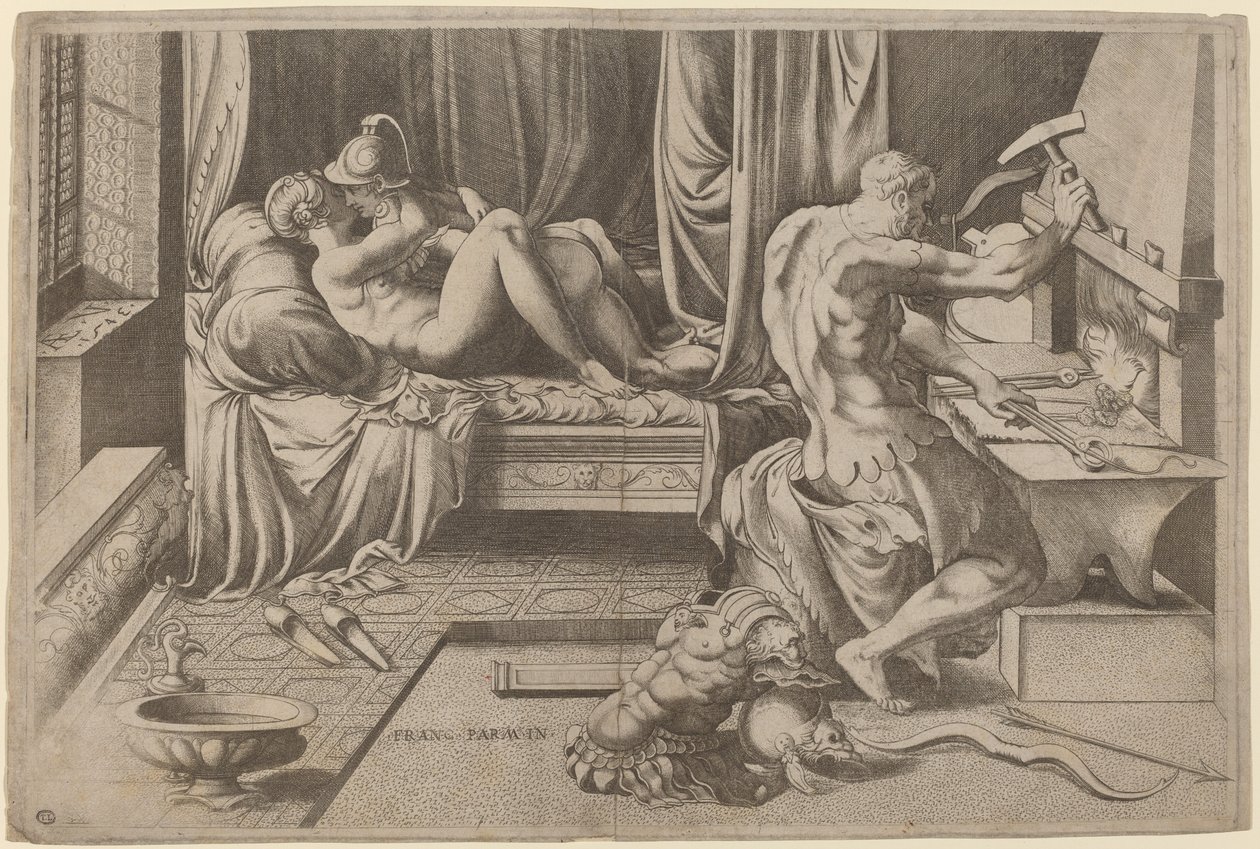 Venus en Mars Omhelzen met Vulcanus bij zijn Smidse door Enea Vico after Parmigianino