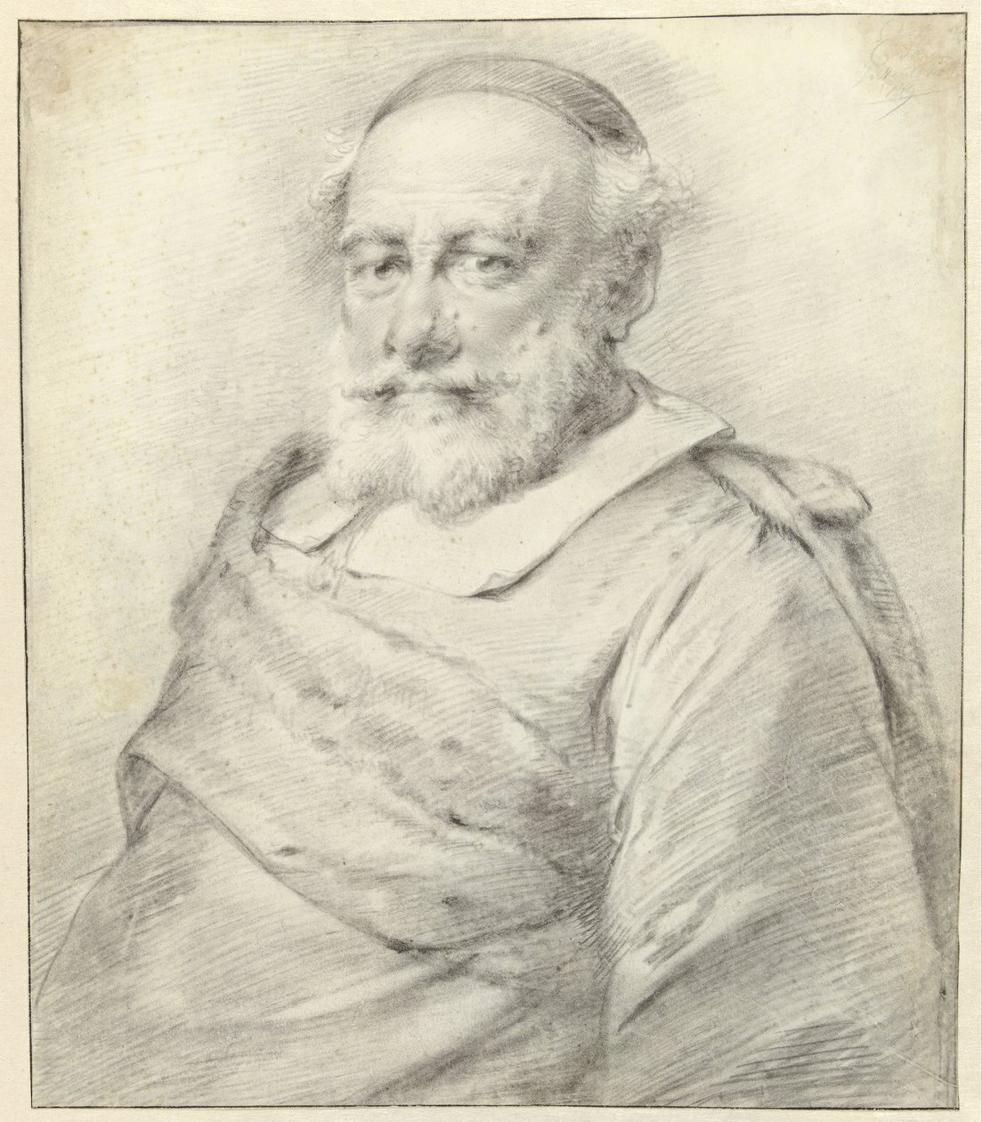 Portret van een man met witte baard en kapje op het hoofd, naar links door Engel Sam