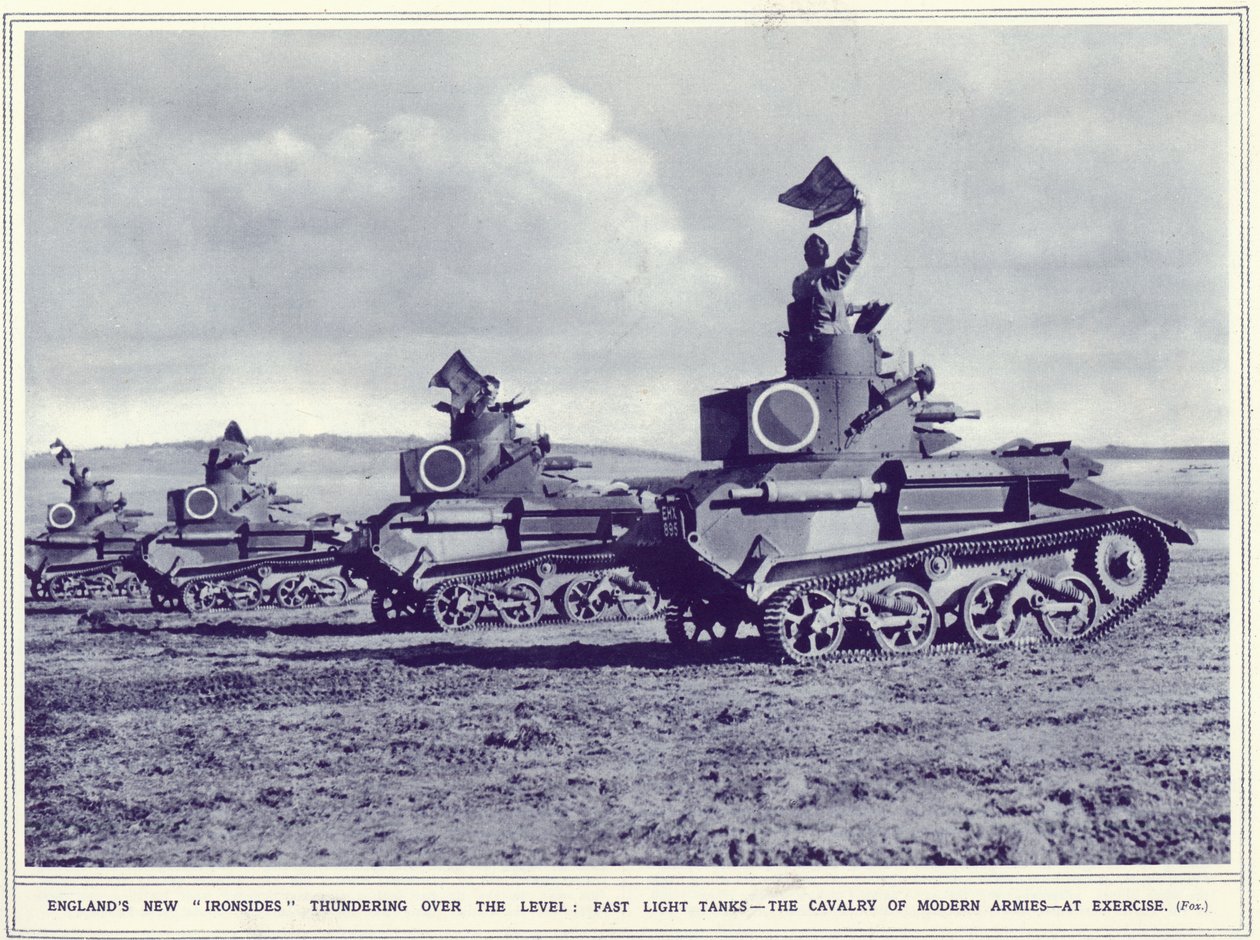 Engelands nieuwe ijzeren flanken denderen over het vlakke land, uit The Illustrated War News, gepubliceerd op 1 november 1939 door English Photographer