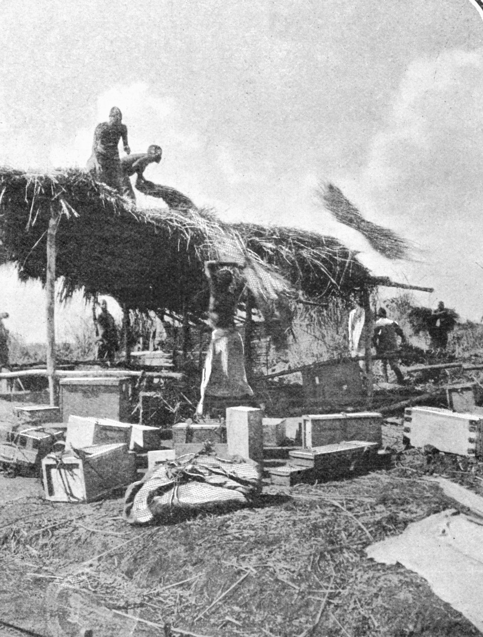 Inheemsen Bouwen een Rusthuis, uit een artikel getiteld Naar de Bergen van de Maan gepubliceerd in The Graphic, 27 oktober 1906 door English Photographer