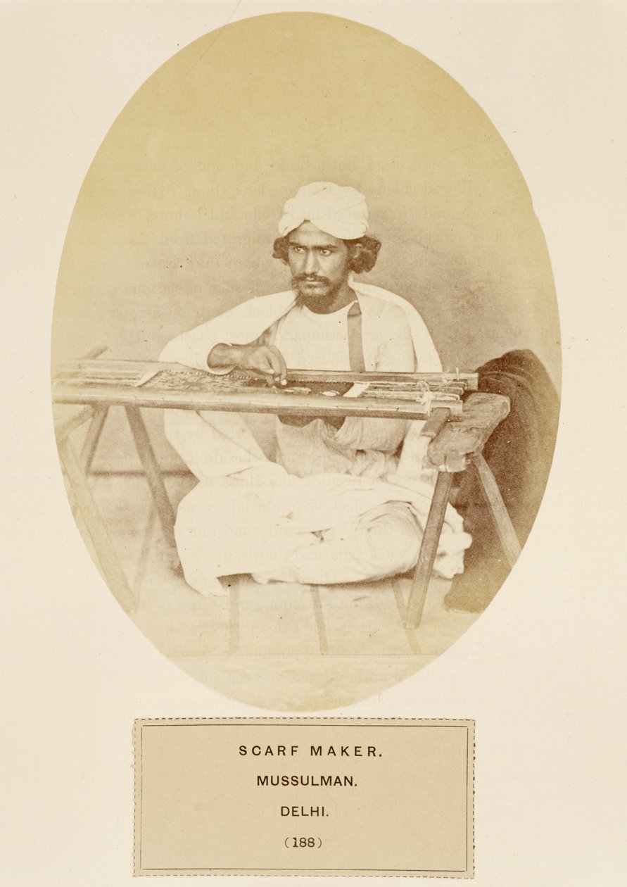 Sjaalmaker, Moslim, Delhi, uit The People of India, door J. Forbes Watson, uitgegeven 1868 door English Photographer