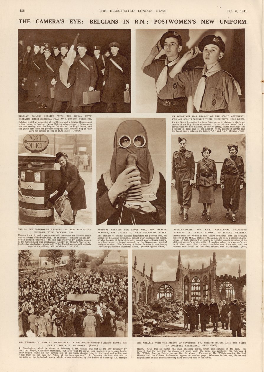 Het oog van de camera: Belgen in R.N.; Nieuwe uniform van postvrouwen, uit The Illustrated London News, 8 februari 1941 door English Photographer