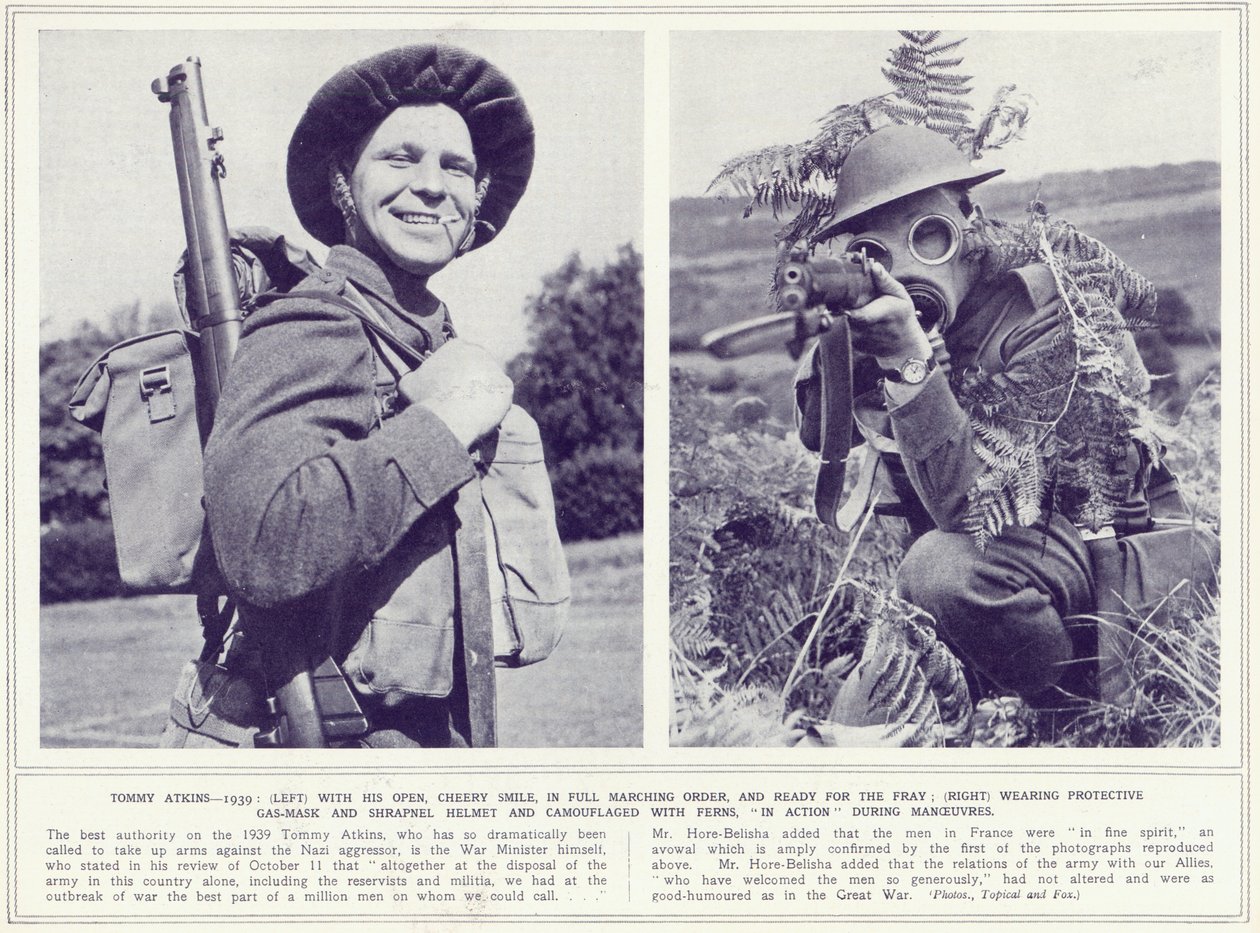 Tommy Atkins, met vrolijke glimlach en in volledige marsorde en met beschermend gasmasker en camouflage, klaar voor de strijd, uit The Illustrated War News, gepubliceerd op 8 november 1939 door English Photographer