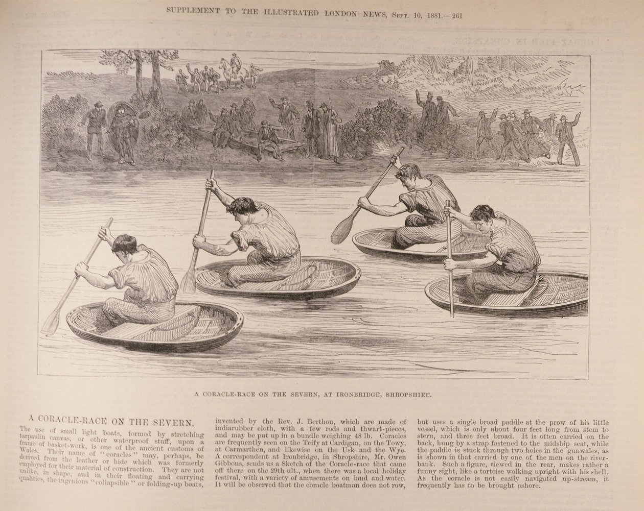 Een Coracle-race op de Severn bij Ironbridge, Shropshire, uit 