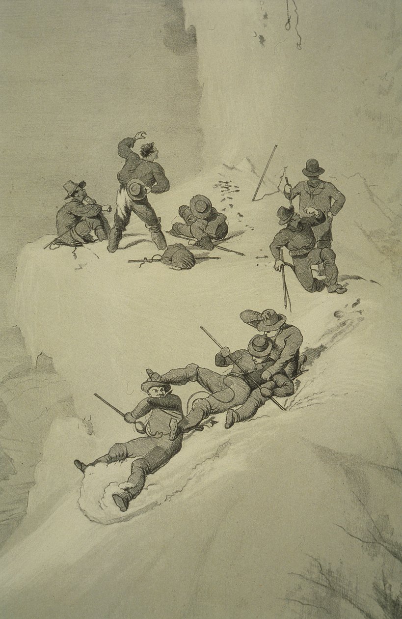 Een val tijdens de beklimming, uit Tien scènes in de laatste beklimming van de Mont Blanc inclusief vijf uitzichten vanaf de top, door J.D.H. Browne, gepubliceerd 1853 door English School