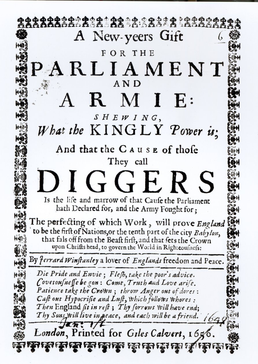 Een nieuwjaarsgeschenk voor het parlement en het leger, waarin wordt getoond wat de koninklijke macht is en de oorzaak van degenen die ze Diggers noemen, gepubliceerd 1650 door English School