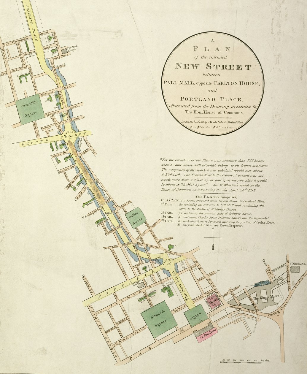 Een Plan van de Voorgenomen Nieuwe Straat tussen Pall Mall, tegenover Carlton House, en Portland Place, ontworpen door John Nash, gepubliceerd door J. Booth, 1818 door English School