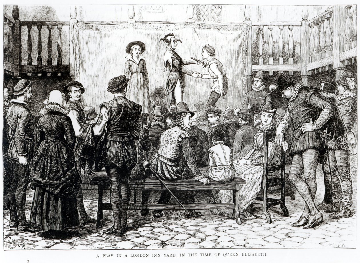 Een Toneelstuk in een Londense Herberg in de Tijd van Koningin Elizabeth, gegraveerd door Joseph Swain (1820-1909) door English School