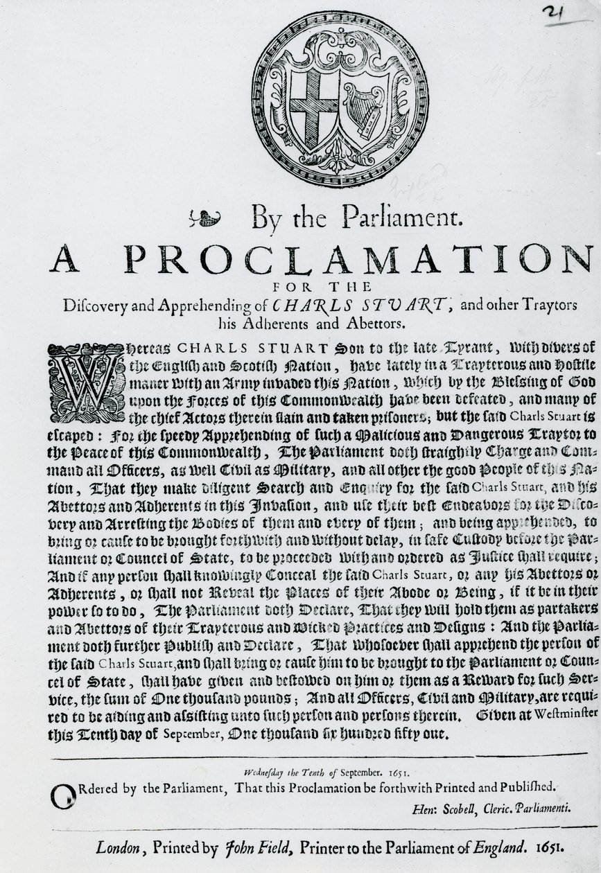 Een Proclamatie door het Parlement voor de Ontdekking en Arrestatie van Charles Stuart en andere Verraders, Aanhangers en Medeplichtigen, gepubliceerd 1651 door English School