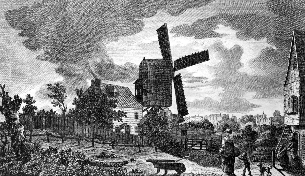 Een uitzicht op een molen bij Blackheath in Kent, bij maanlicht, 1770 door English School