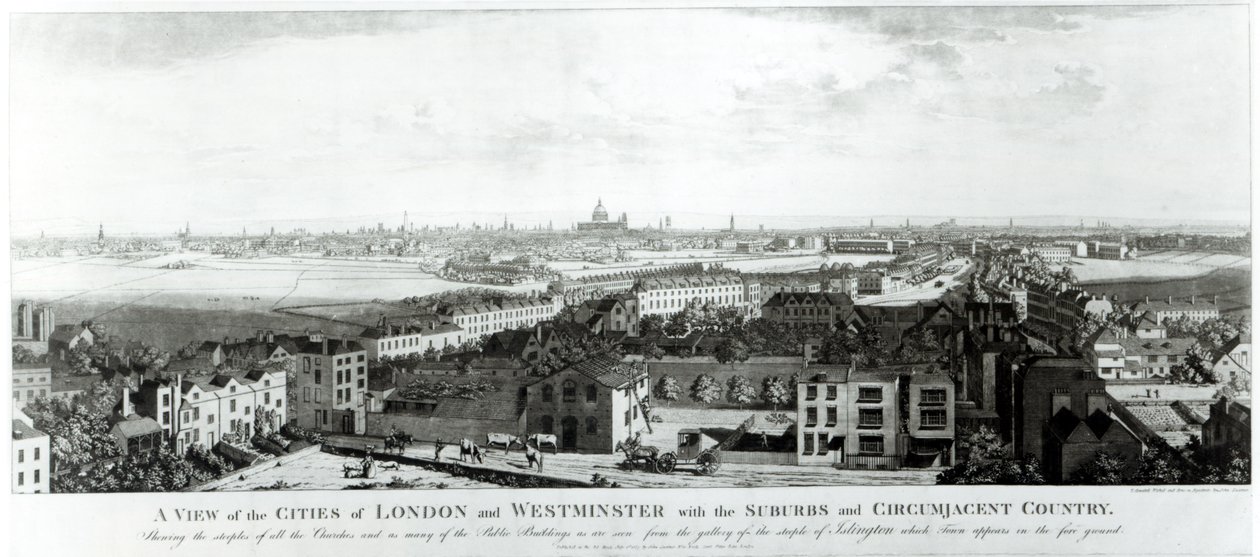 Een uitzicht op de steden Londen en Westminster met voorsteden en omliggende gebieden, 1789 door English School