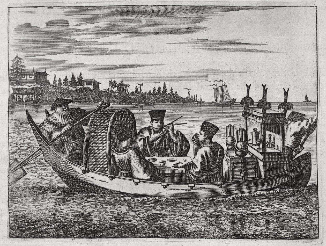 Een Rijke Mandarijn Dineren in een Boot, illustratie uit een beschrijving van Ambassades naar China, 1690 door English School