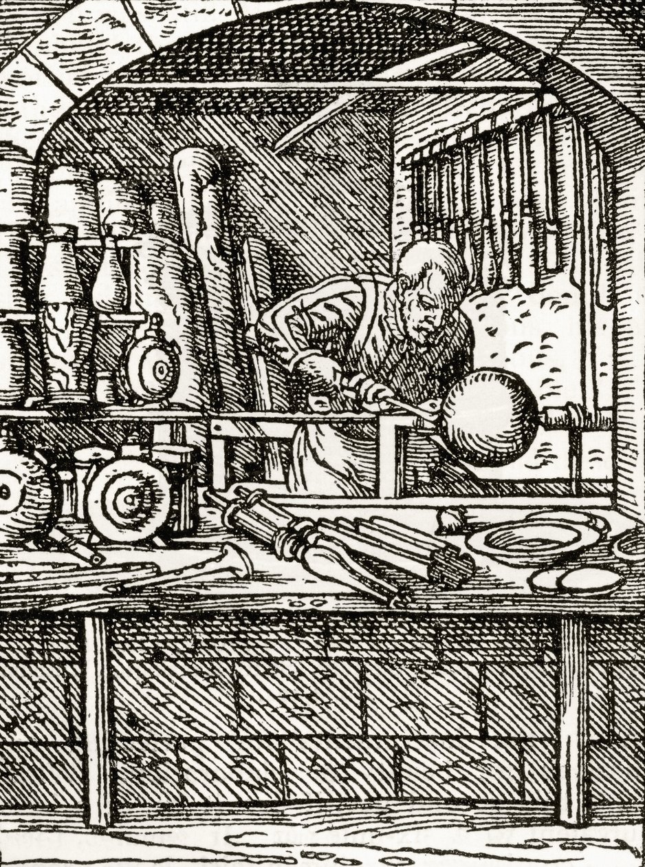 Een draaier aan het werk in de 16e eeuw, uit 