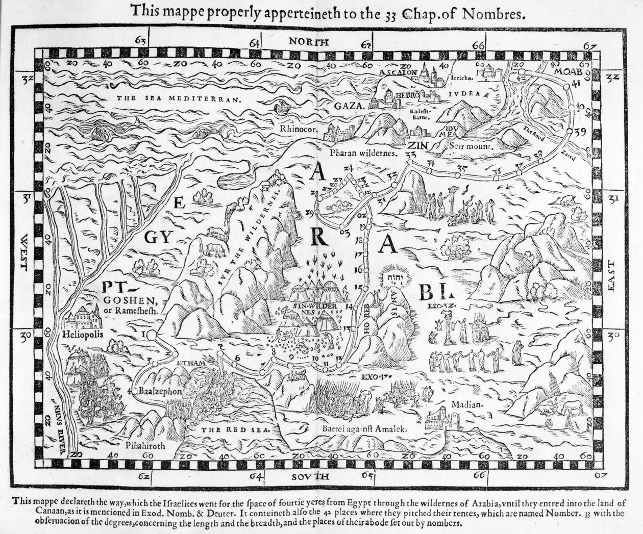 Een kaart die de reis van de Israëlieten uit Egypte naar Kanaän toont, facsimile van een afbeelding uit de Genève Bijbel van 1560 door English School