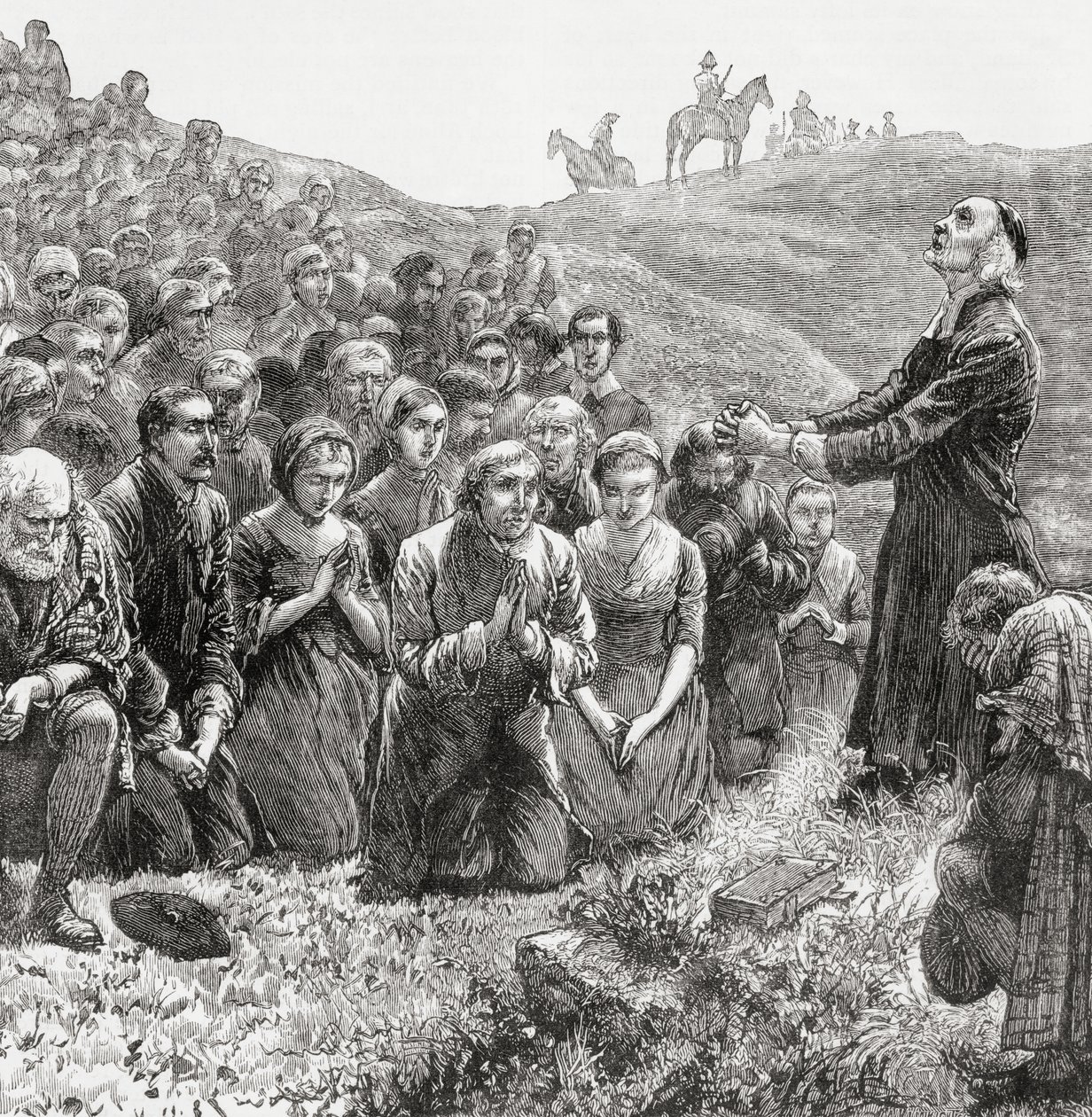 Een gebedsbijeenkomst van Covenanters in de 17e eeuw, illustratie uit 