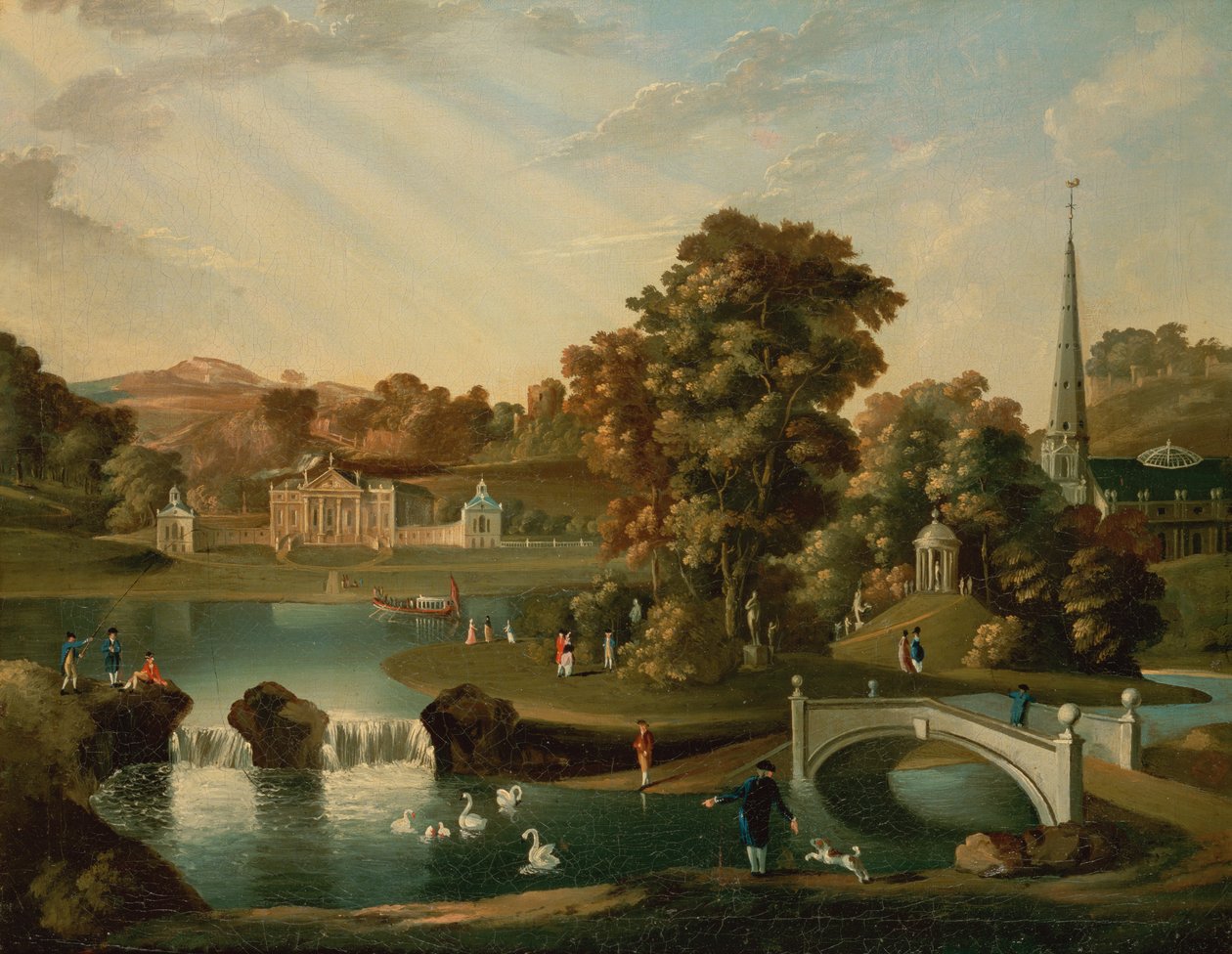 Een uitzicht op Duncombe Park in North Yorkshire vanaf het meer door English School